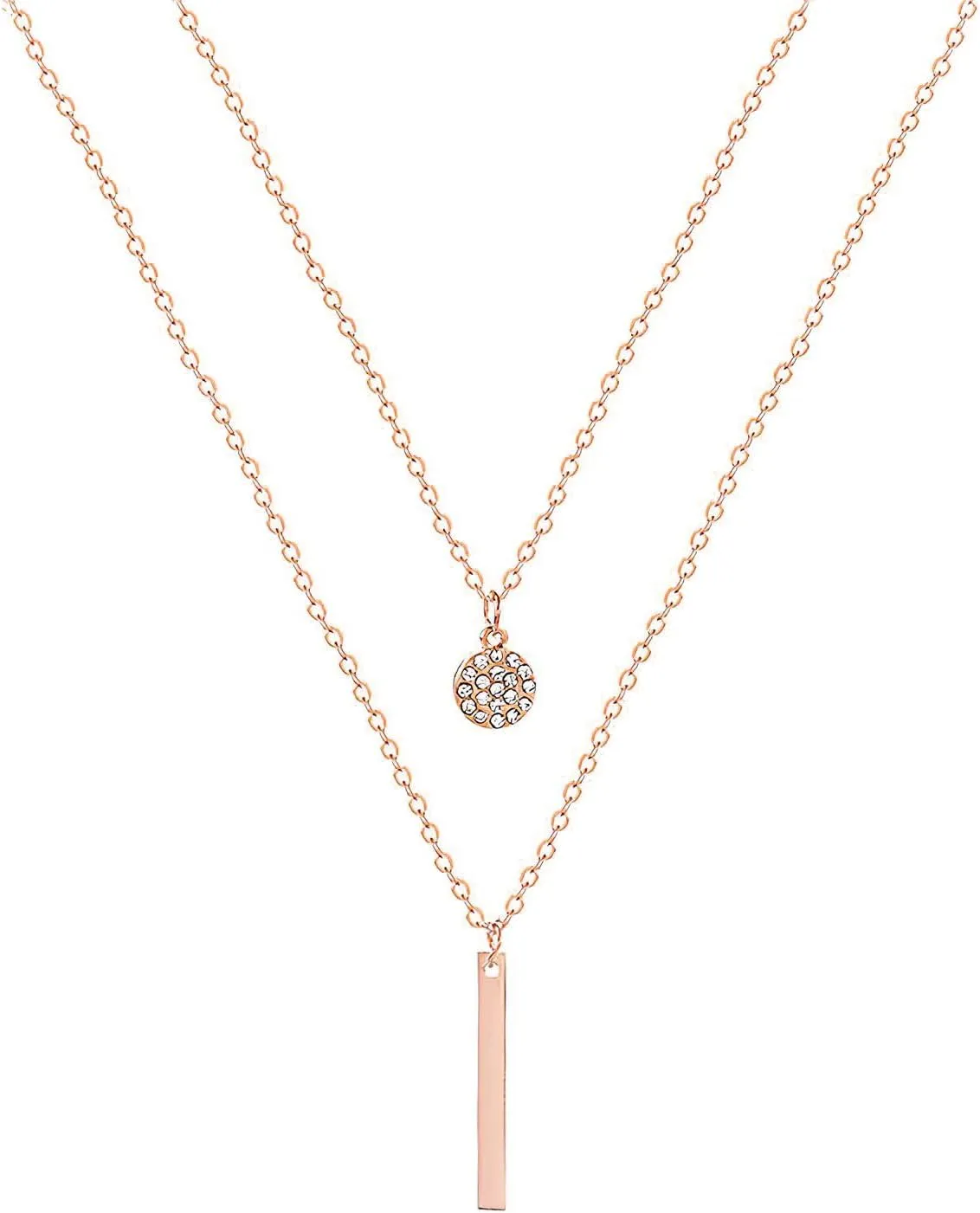 POYAMUSE Elegant Layered Gold Necklace for Women - Double Layered with Cubic Zirconia Pendant and Geometric Bar Charm Stacked Necklace for Women