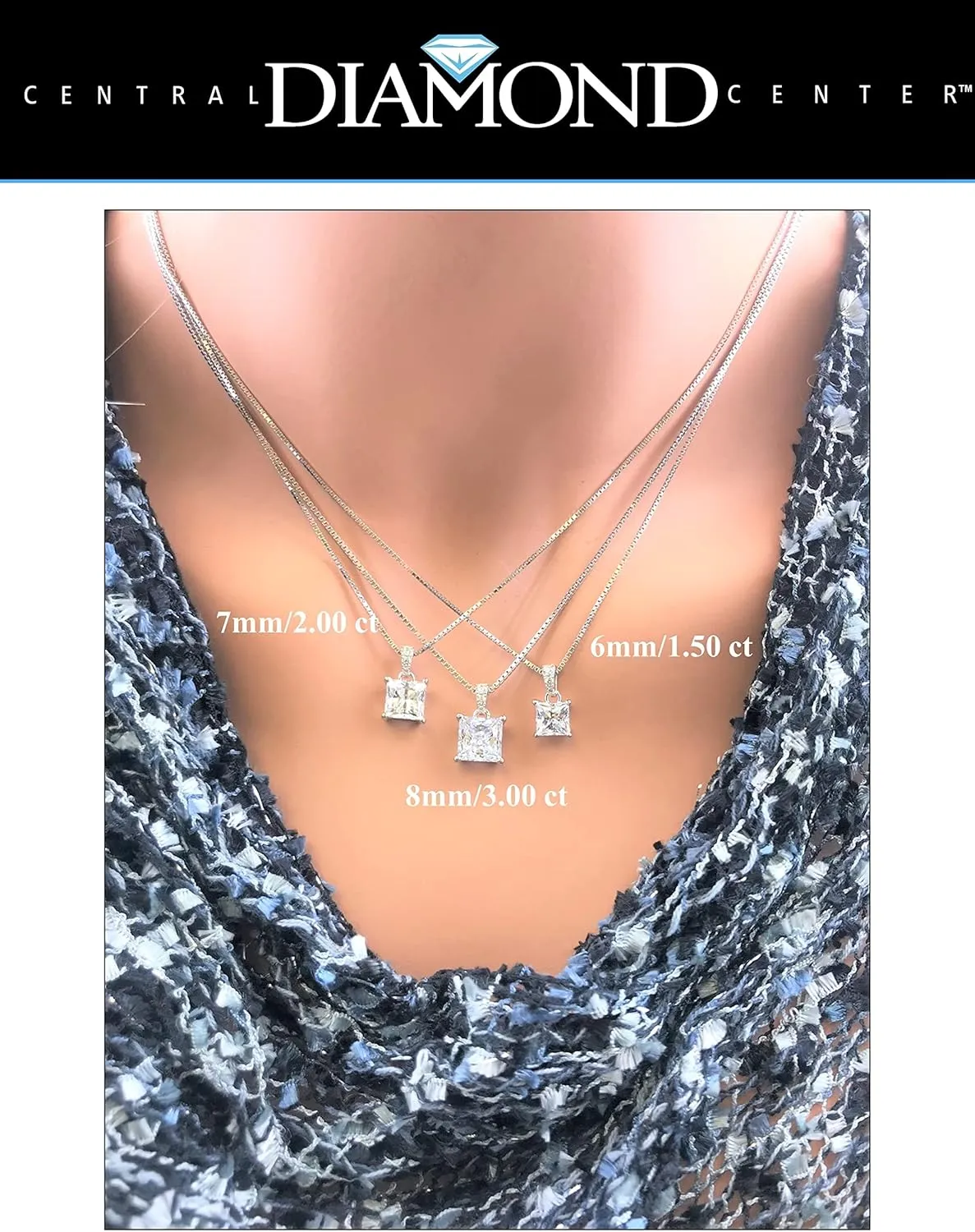 Princess Cut Solitaire Necklace, 4 Prong Sterling Silver w/Pure Brilliance Zirconia, 6.0mm, 7.0mm & 8.0mm