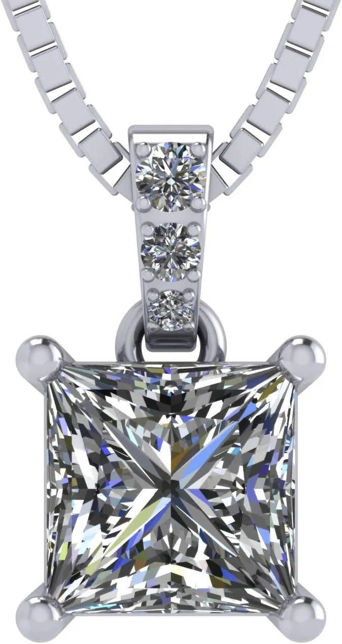 Princess Cut Solitaire Necklace, 4 Prong Sterling Silver w/Pure Brilliance Zirconia, 6.0mm, 7.0mm & 8.0mm