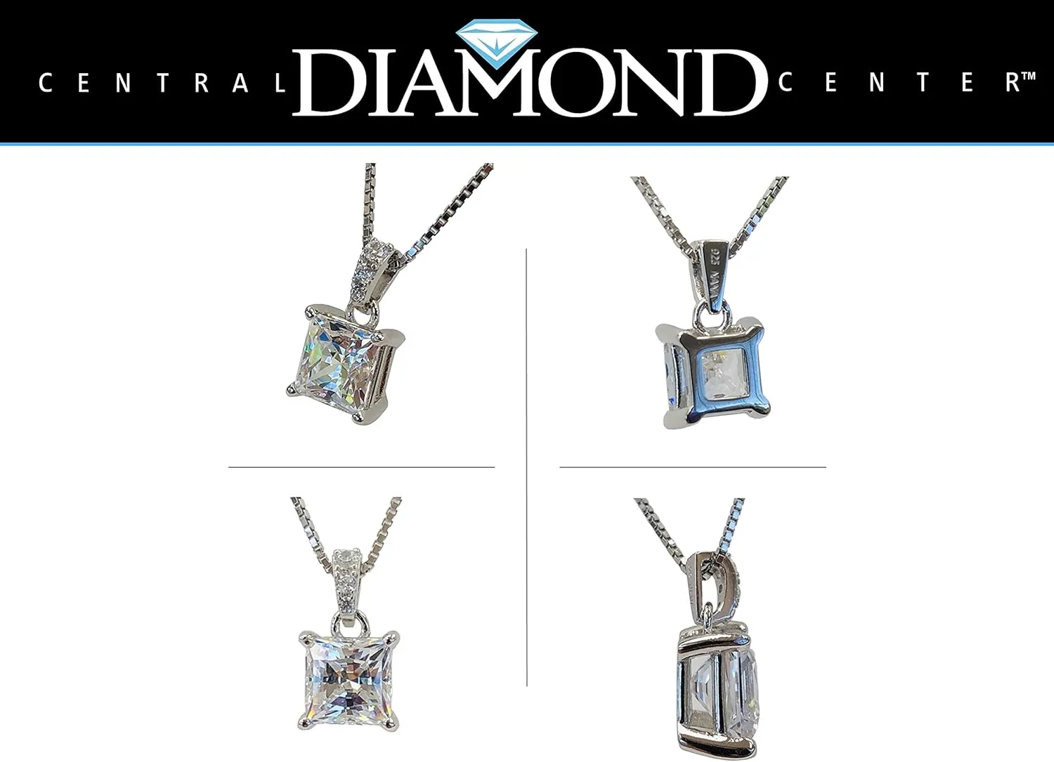 Princess Cut Solitaire Necklace, 4 Prong Sterling Silver w/Pure Brilliance Zirconia, 6.0mm, 7.0mm & 8.0mm