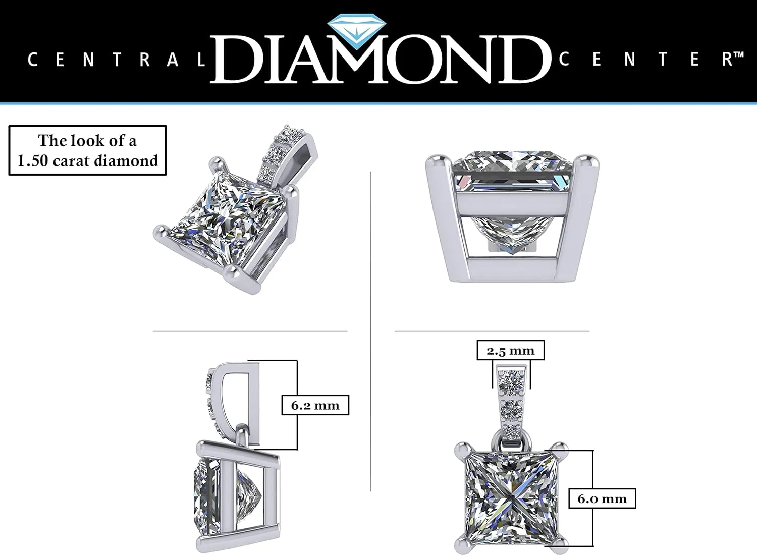 Princess Cut Solitaire Necklace, 4 Prong Sterling Silver w/Pure Brilliance Zirconia, 6.0mm, 7.0mm & 8.0mm