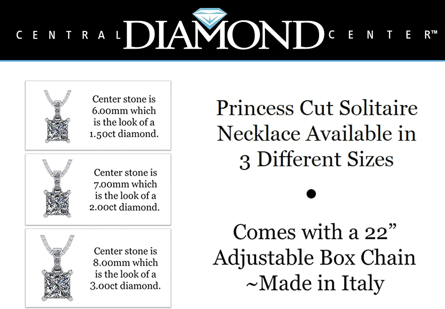 Princess Cut Solitaire Necklace, 4 Prong Sterling Silver w/Pure Brilliance Zirconia, 6.0mm, 7.0mm & 8.0mm