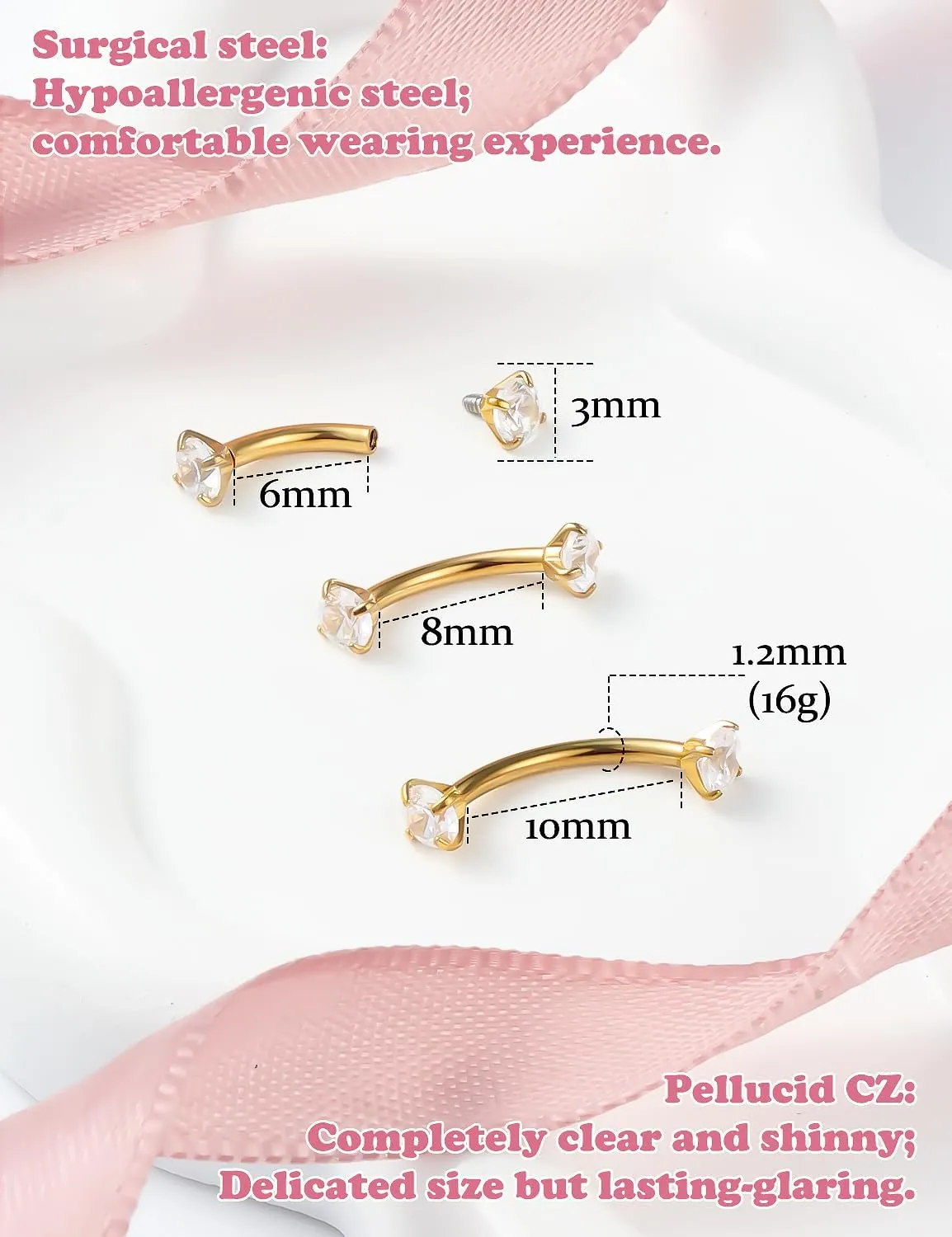 Prjndjw Eyebrow Piercing Jewelry Surgical Steel Curved Barbell Tiny Eyebrow Ring Vertical Labret Lip Jewelry Ear Rook Navel Small Belly Button Ring for Women Men 20g 16g 6mm/8mm/10mm/12mm