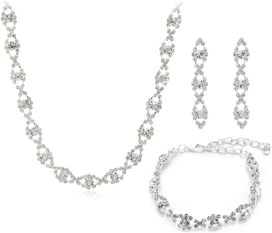 Prom Jewelry Sets Silver Bride Jewelry Set for Wedding Bridesmaid Accessories Necklace Earrings Bracelet Set Elegant Crystal Wedding Prom Jewelry for Women