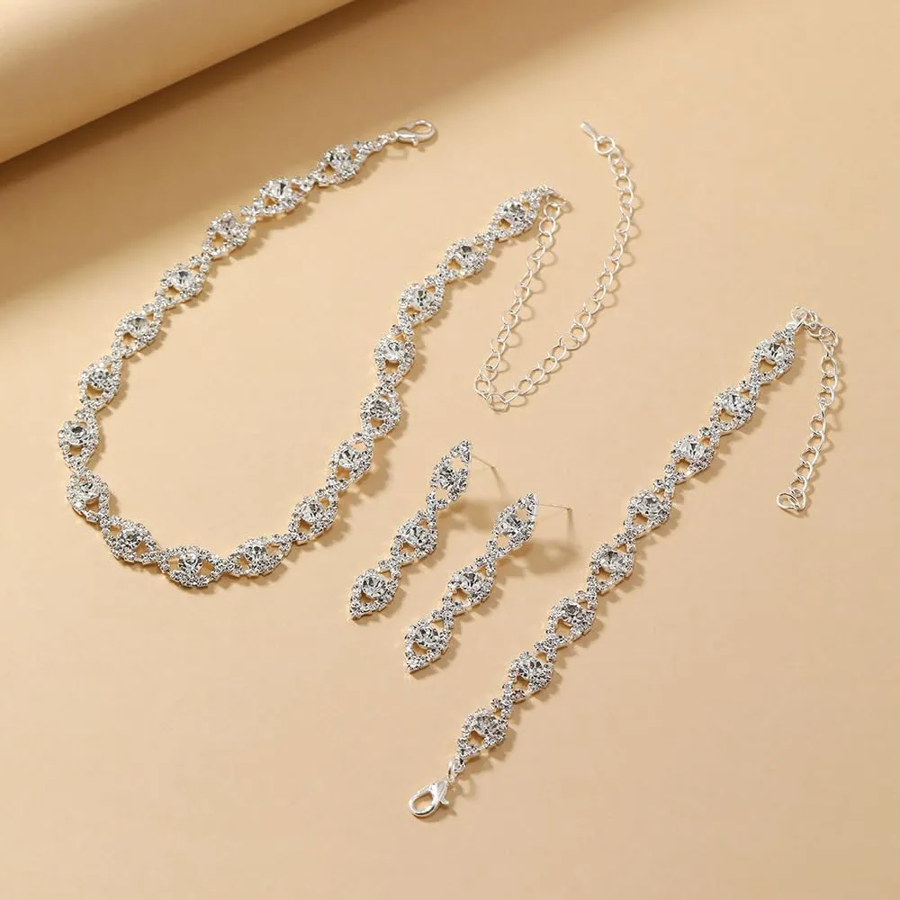 Prom Jewelry Sets Silver Bride Jewelry Set for Wedding Bridesmaid Accessories Necklace Earrings Bracelet Set Elegant Crystal Wedding Prom Jewelry for Women