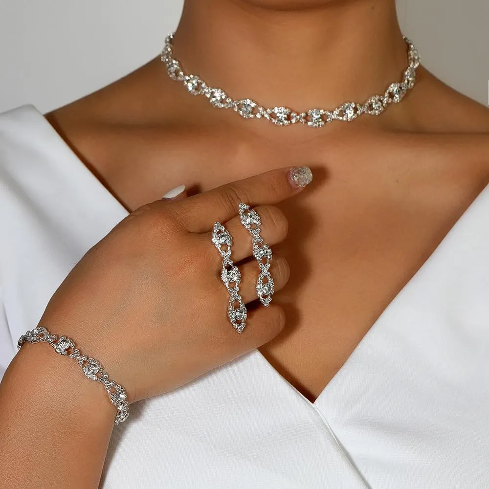 Prom Jewelry Sets Silver Bride Jewelry Set for Wedding Bridesmaid Accessories Necklace Earrings Bracelet Set Elegant Crystal Wedding Prom Jewelry for Women