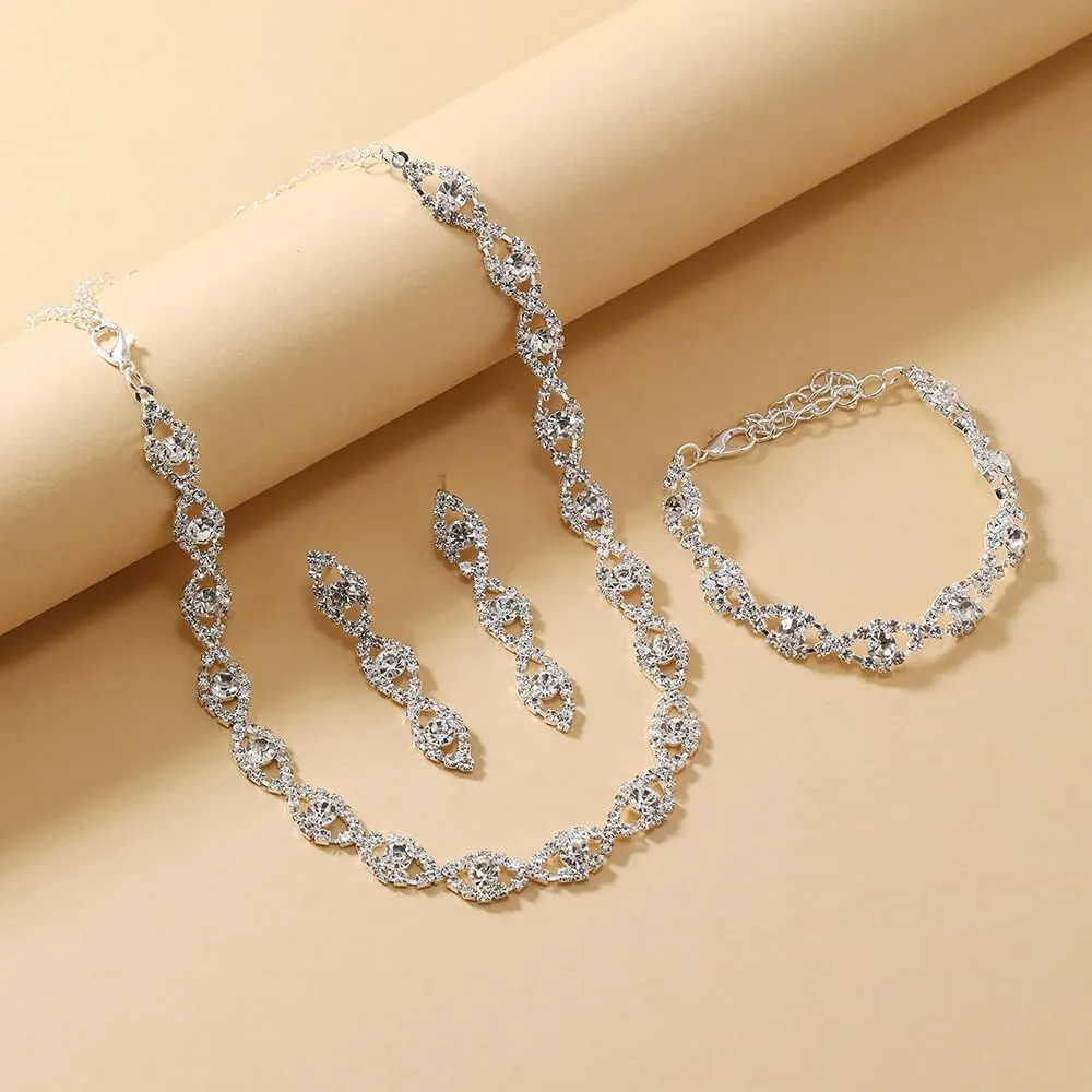 Prom Jewelry Sets Silver Bride Jewelry Set for Wedding Bridesmaid Accessories Necklace Earrings Bracelet Set Elegant Crystal Wedding Prom Jewelry for Women