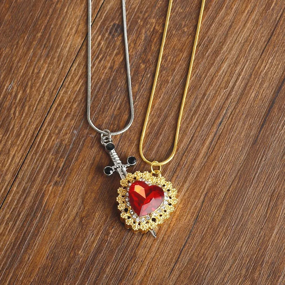 Punk Zircon Love Heart Sword Pendant Necklace for Couple Jewelry Gothic Heart Dagger Layered Necklace for Women Valentine's Day Gift
