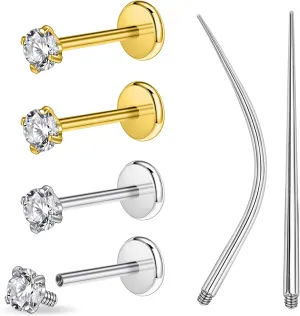 PunkTracker 6PCS 16g/18g Gold Silver Surgical Steel Internal Thread CZ Stud Piercing Jewelry for Tragus/Nose/Helix/Conch/Medusa/Lip/Labret - Helix Tragus Cartilage Earring for Women Men