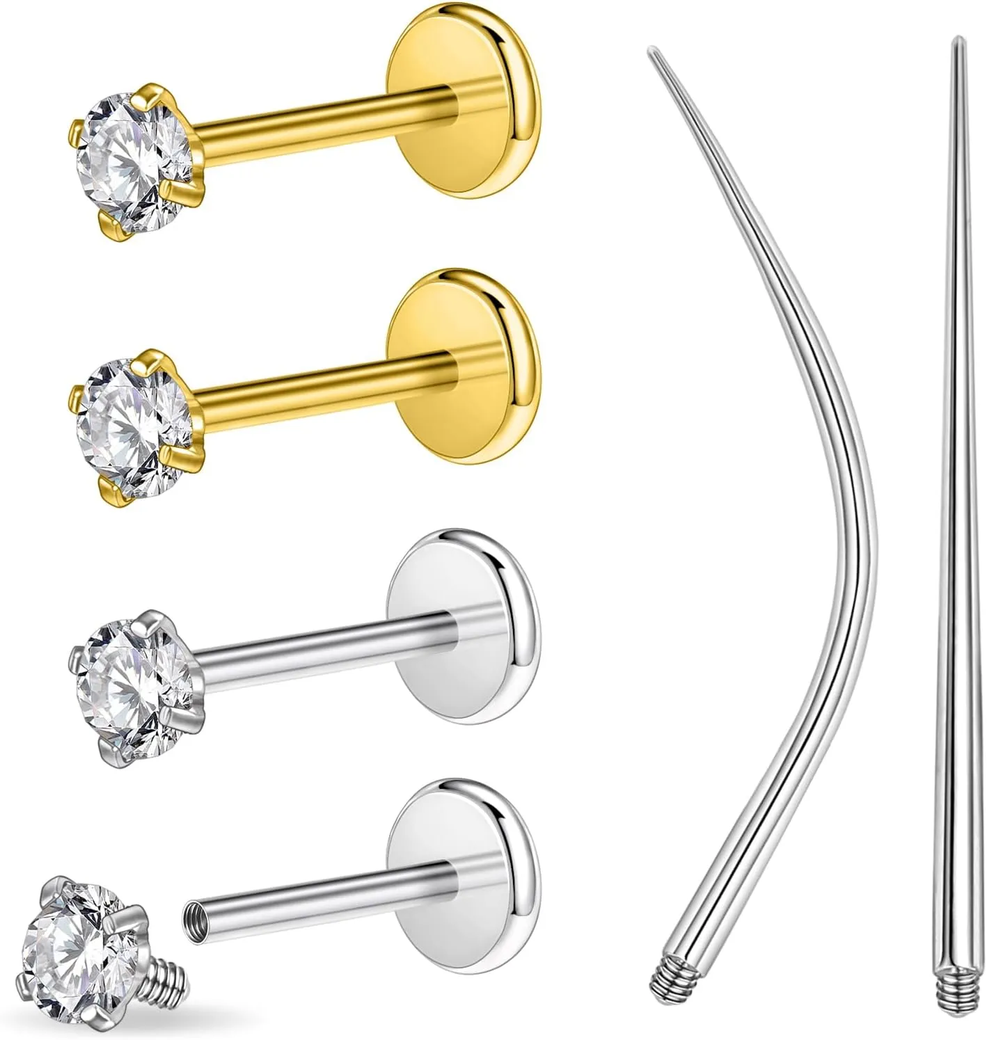 PunkTracker 6PCS 16g/18g Gold Silver Surgical Steel Internal Thread CZ Stud Piercing Jewelry for Tragus/Nose/Helix/Conch/Medusa/Lip/Labret - Helix Tragus Cartilage Earring for Women Men