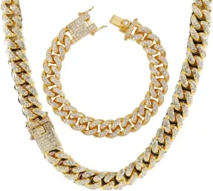 putouzip Miami Cuban Link Chains Set For Men 12/14/20mm 18K Gold Plated Diamond Fully Iced Out Chain Bracelet Necklace