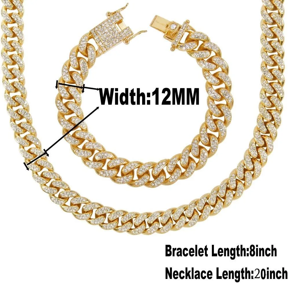 putouzip Miami Cuban Link Chains Set For Men 12/14/20mm 18K Gold Plated Diamond Fully Iced Out Chain Bracelet Necklace