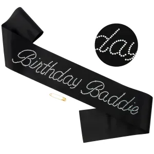 "Birthday Baddie Sash for Women Girls, Black Sash with Rhinestone Letter for Funny Baddie Birthday Decorations, Cute Celebration Accessories Party Supplies