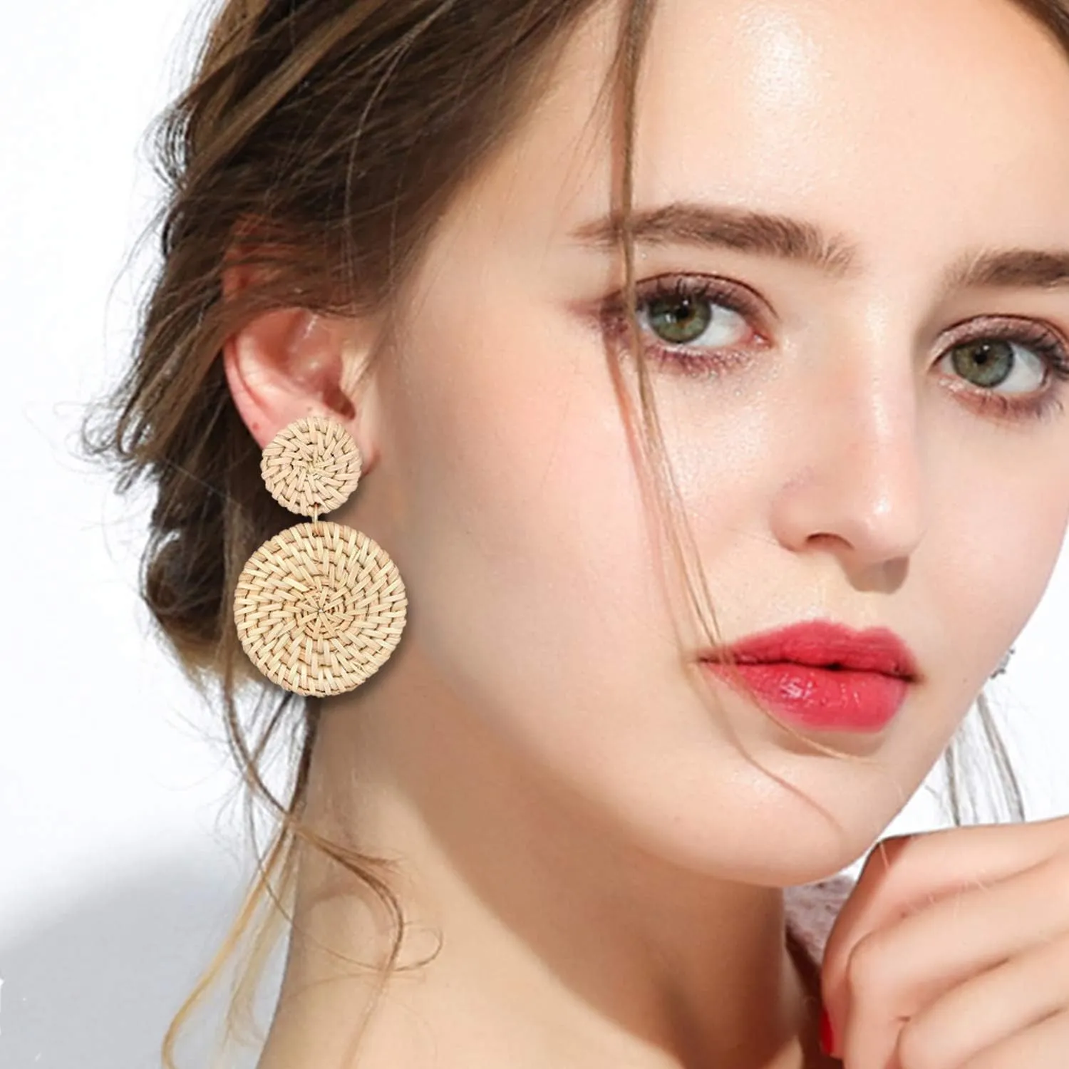 Rattan Earrings for Women Handmade Straw Wicker Braid Drop Dangle Earrings Lightweight Geometric Statement Earrings