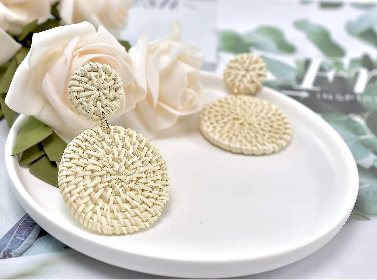 Rattan Earrings for Women Handmade Straw Wicker Braid Drop Dangle Earrings Lightweight Geometric Statement Earrings