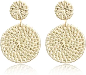 Rattan Earrings for Women Handmade Straw Wicker Braid Drop Dangle Earrings Lightweight Geometric Statement Earrings