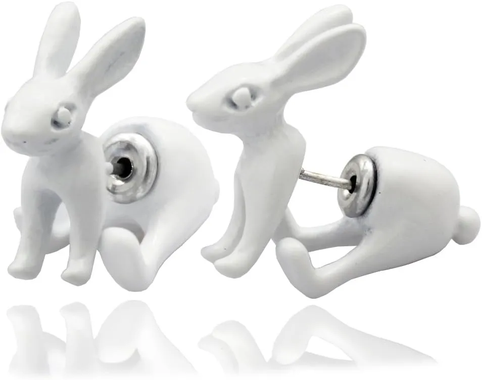 RechicGu 1Pair 3D March Hare Rabbit Earrings Ear Studs Easter Bunny Bohemian Fairytale Wonderland Fake Ear Taper Plug Women Girls