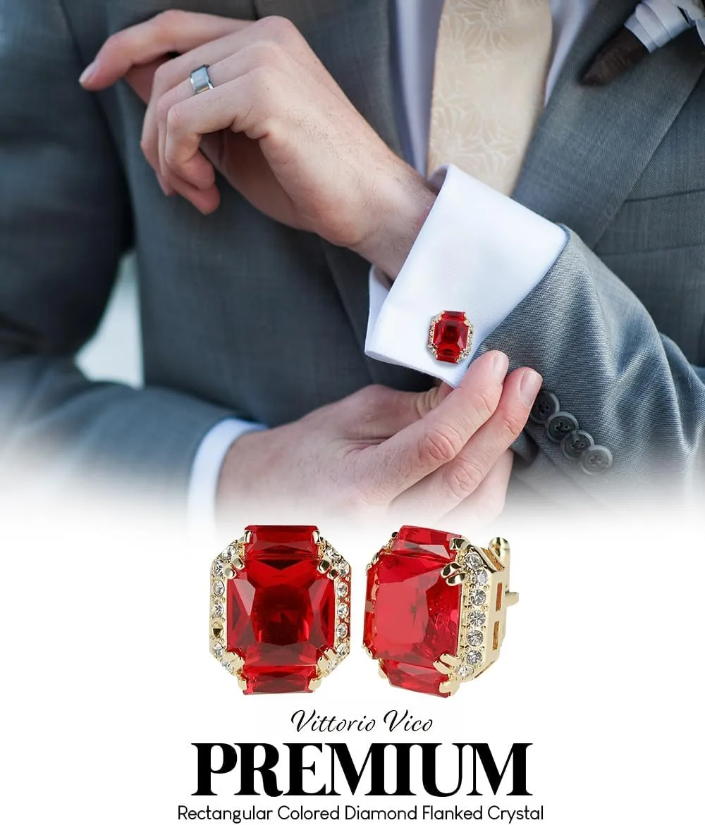 Rectangular Colored Diamond-Flanked Crystal Cuff Links  Tuxedo Suit Accessories, Cufflinks for Men