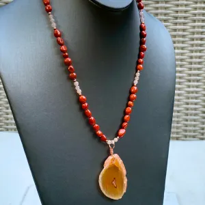 Red Agate Pendant hand Wrapped with Copper on Red Jasper, Rutilated Gold, Copper Necklace