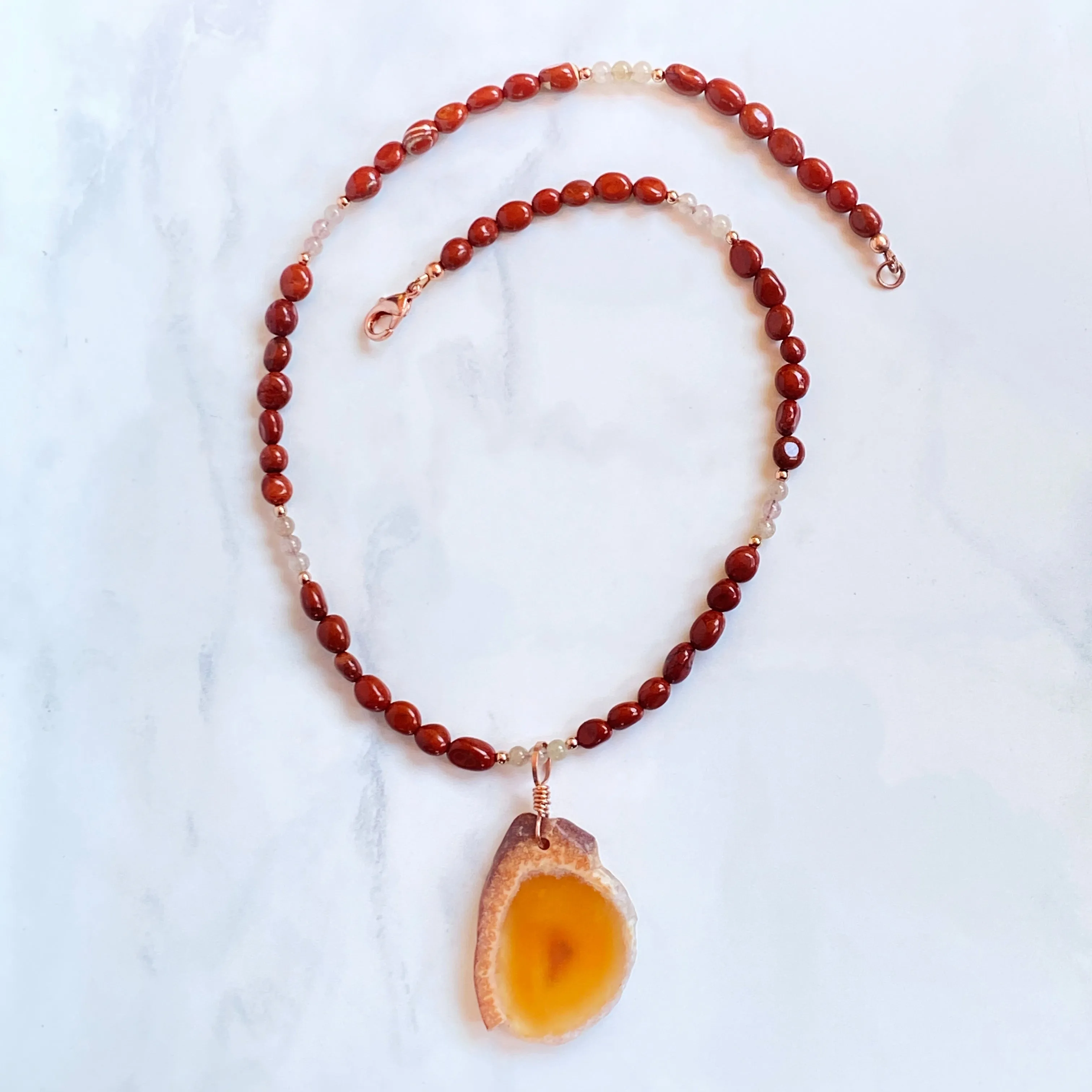 Red Agate Pendant hand Wrapped with Copper on Red Jasper, Rutilated Gold, Copper Necklace