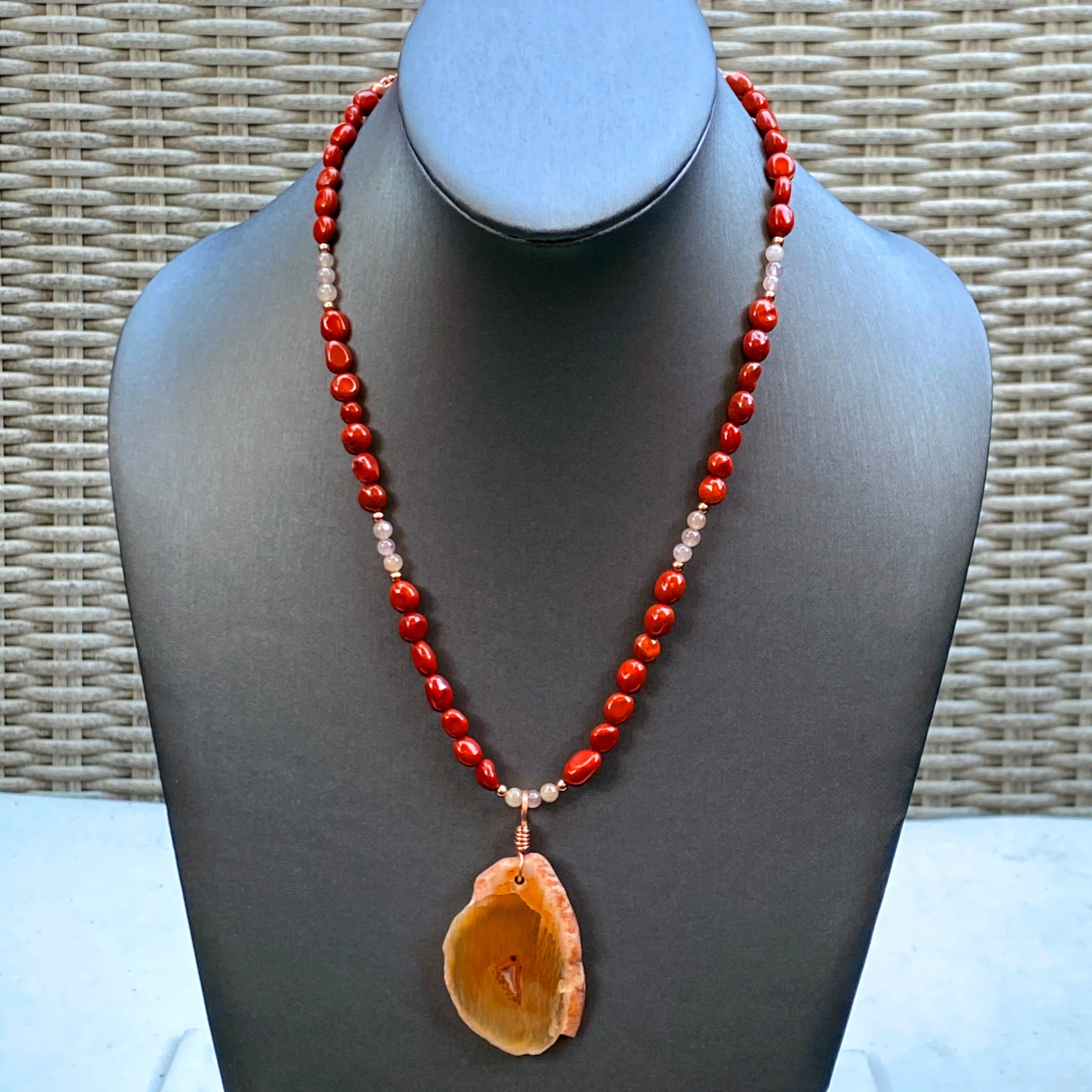Red Agate Pendant hand Wrapped with Copper on Red Jasper, Rutilated Gold, Copper Necklace