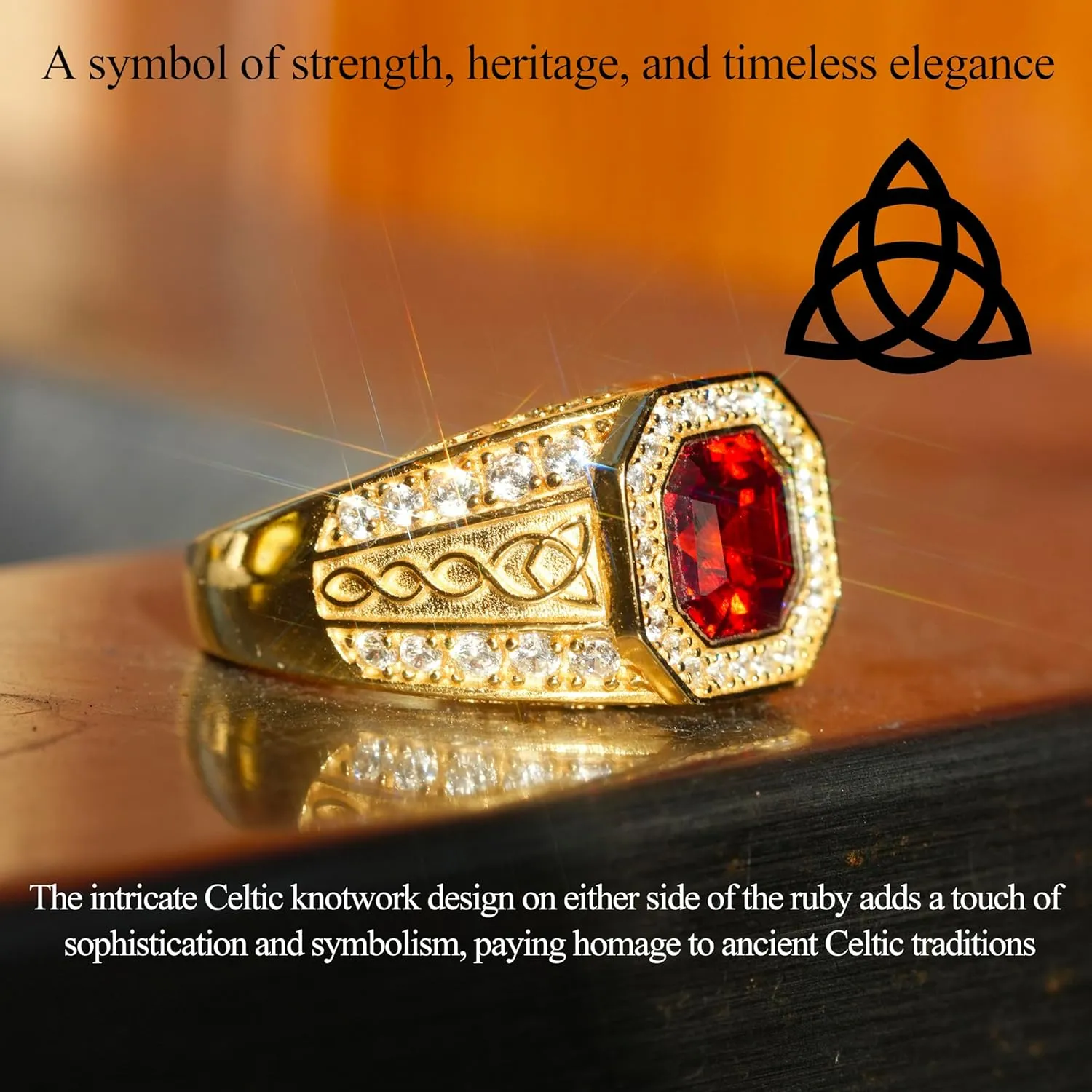 Red Ruby Celtic Knot Ring for Men 14K Gold Plated in Sterling Silver Red Ruby Wedding Band Ring Customizable Solid Gold Sizes 4-18