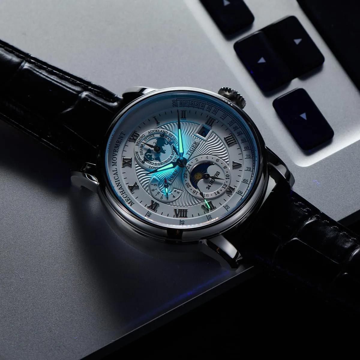 REEF TIGER Brand Moonphase Leather Automatic Watch Mens Complete Calendar Luminous Transparent Mechanical Wristwatch RGA1963