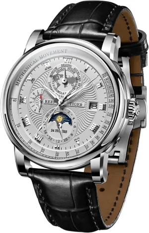 REEF TIGER Brand Moonphase Leather Automatic Watch Mens Complete Calendar Luminous Transparent Mechanical Wristwatch RGA1963