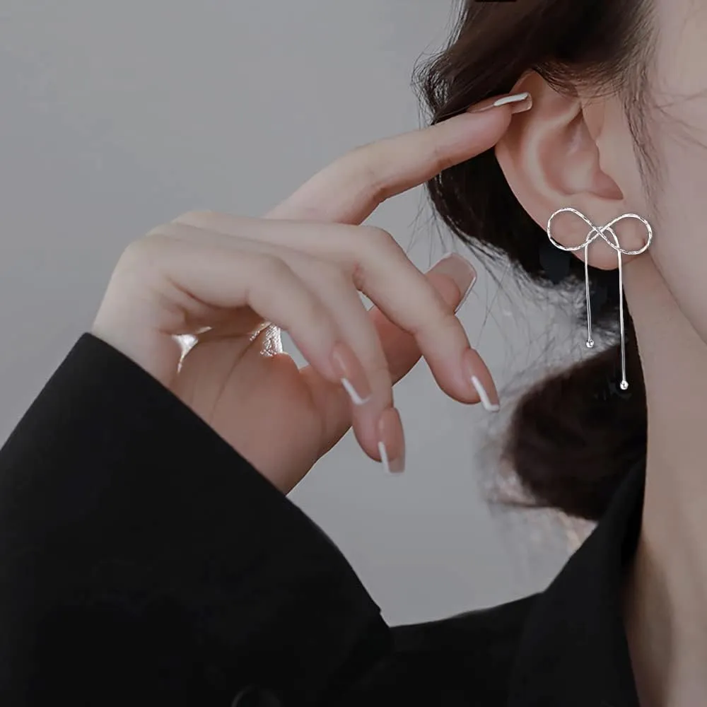 Reffeer Solid 925 Sterling Silver Bow Drop Earrings Dangle for Women Teens Bowknot Dangle Earrings Studs