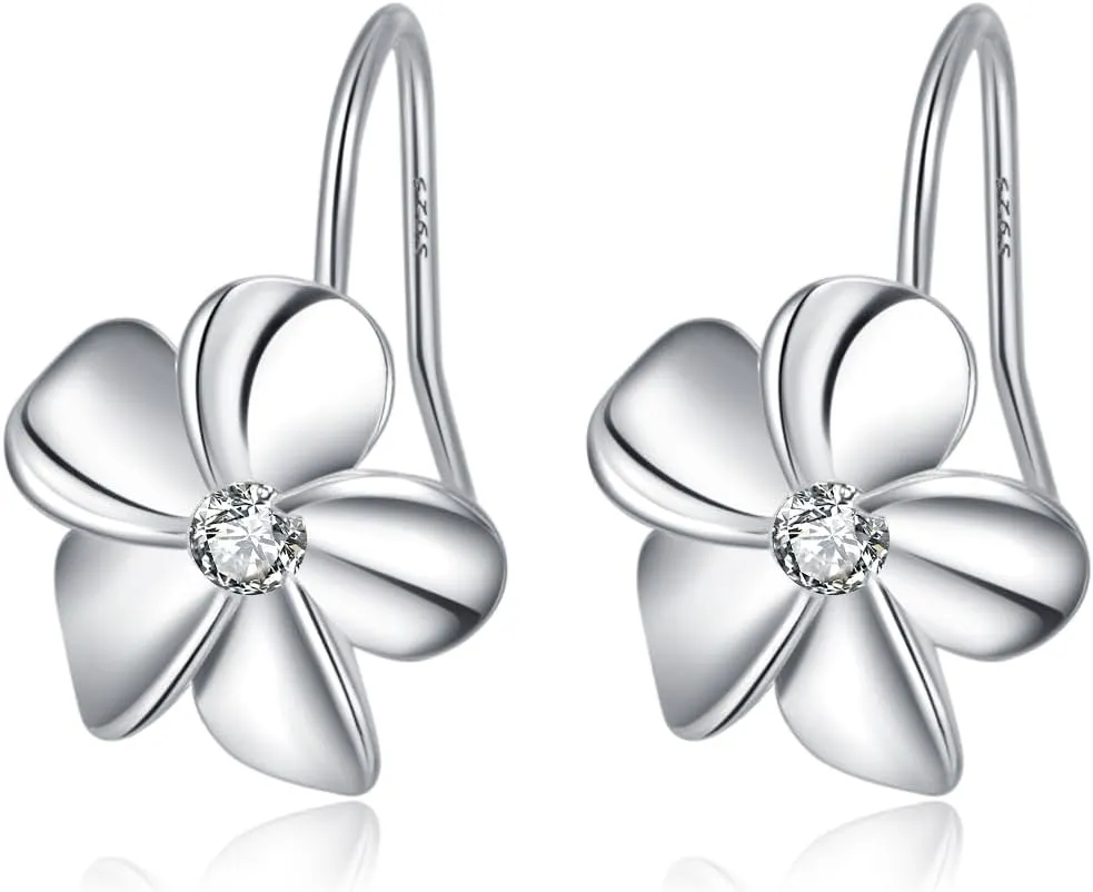 Reffeer Solid 925 Sterling Silver Hawaiian Plumeria Flower Drop Earrings for Women Teens CZ Flower Drop Earrings Dangle