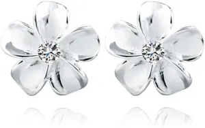 Reffeer Solid 925 Sterling Silver Plumeria Flower Stud Earrings for Women Teens Crystal Flower Stud Earrings