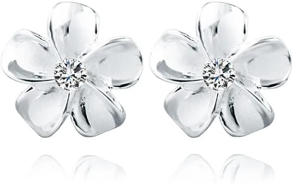 Reffeer Solid 925 Sterling Silver Plumeria Flower Stud Earrings for Women Teens Crystal Flower Stud Earrings