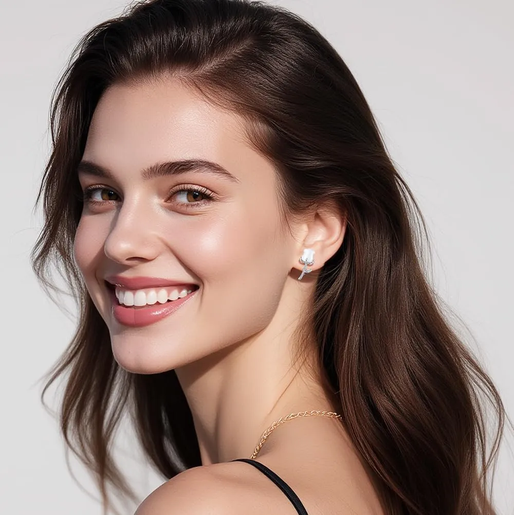 Reffeer Solid 925 Sterling Silver Rose Flower Stud Earrings for Women Teens CZ Flower Stud Earrings Drops Spring Earrings