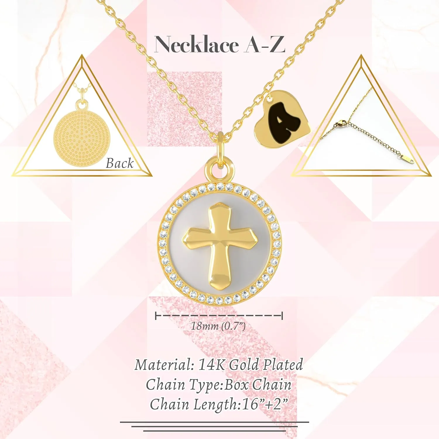 REGIS Cross Necklace for Women, 14K Gold Plated Round Cubic Zirconia Pendant with A-Z Initial Charms, Dainty Personalized Faith Jewelry Gift for Her