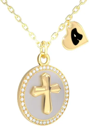 REGIS Cross Necklace for Women, 14K Gold Plated Round Cubic Zirconia Pendant with A-Z Initial Charms, Dainty Personalized Faith Jewelry Gift for Her