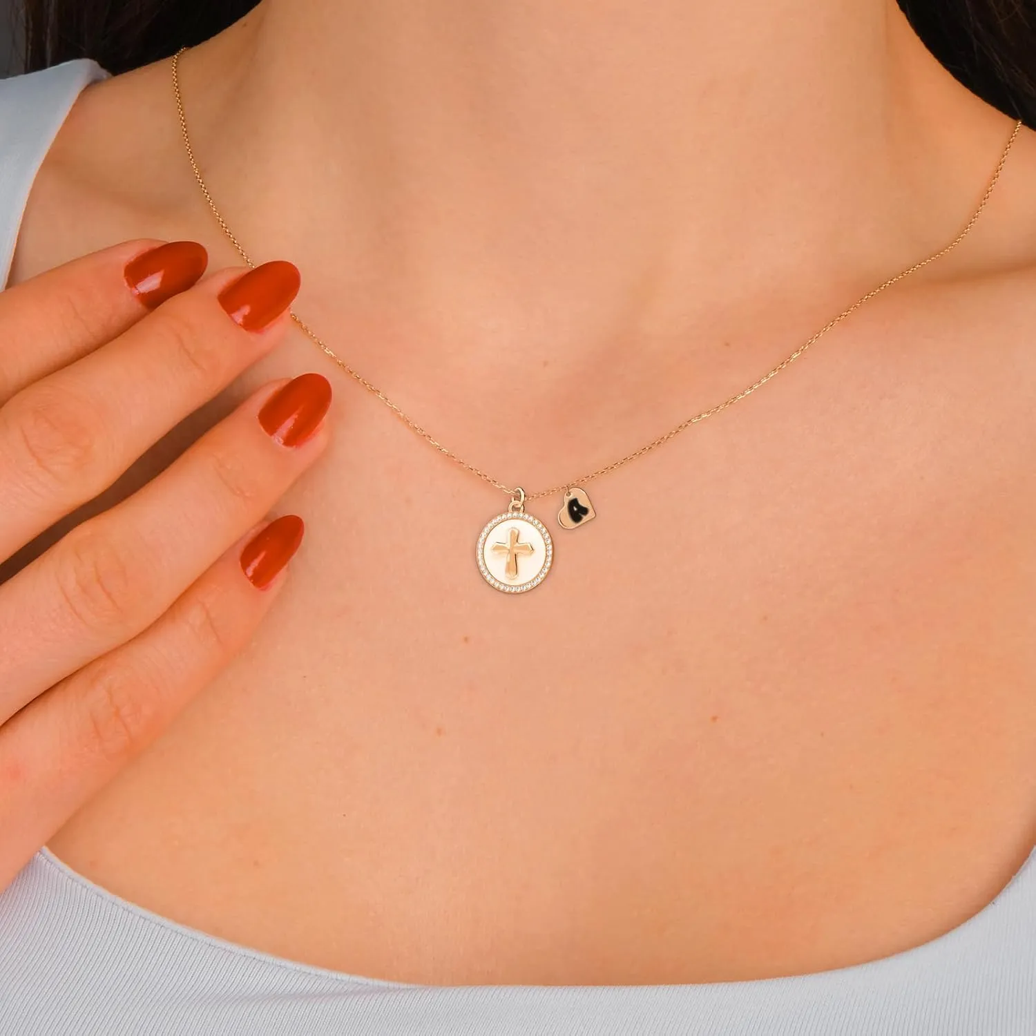 REGIS Cross Necklace for Women, 14K Gold Plated Round Cubic Zirconia Pendant with A-Z Initial Charms, Dainty Personalized Faith Jewelry Gift for Her