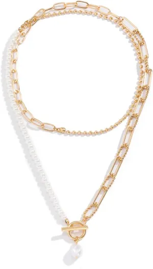 Retro Layered Baroque Pearl Chain Necklace Vintage Stacking Beaded Ball Chain Faux Pearl Chain Necklace for Women