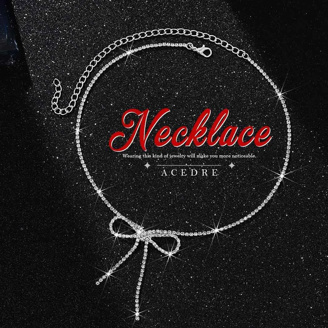 Rhinestone Bow Pendant Necklace Jewelry Silver Crystal Bowknot Choker Necklace Chain Dainty Tennis for Women