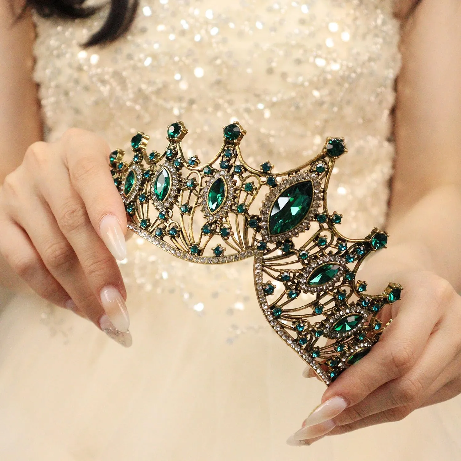 Rhinestone Crystal Tiara Crown for Women Silver Bridal Wedding Headband Elegant Princess Hair Accessories for Birthday Prom Quinceanera (Dark gold-green, Standard)