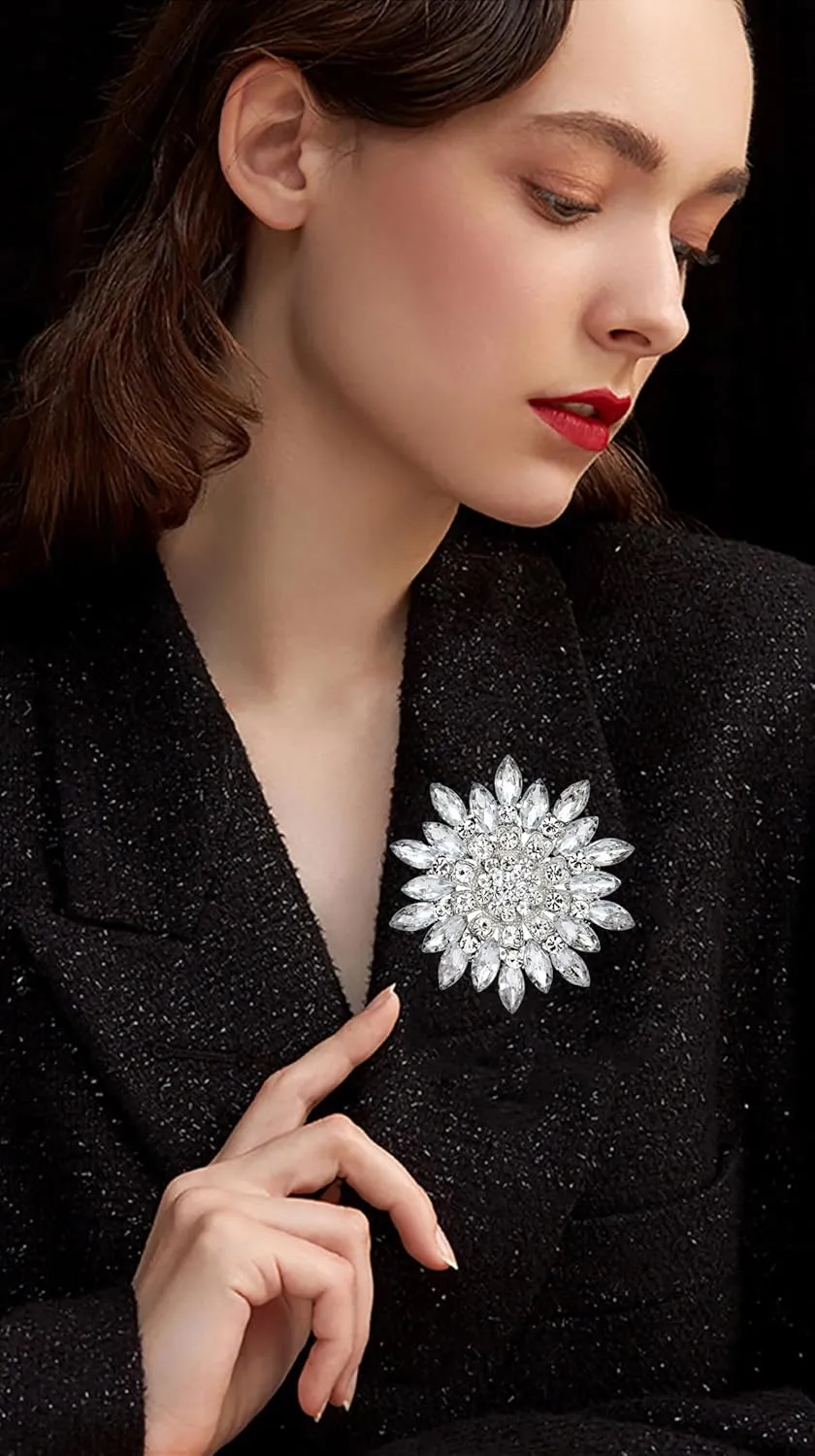 Rhinestone Flower Brooch for Women Sparkling Crystal Sunflower Brooch Pin Trendy Large Big Flower Brooch Elegant Clothing Hat Bag Accessories Christmas Birthday Party Wedding Costume Jewelry