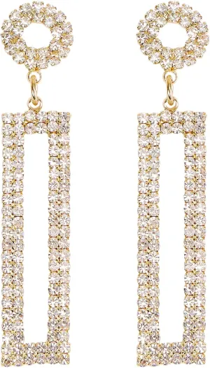 Rhinestone Long Drop Earrings Statement Rectangle Dangle with Circle Studs Fashion Jewelry