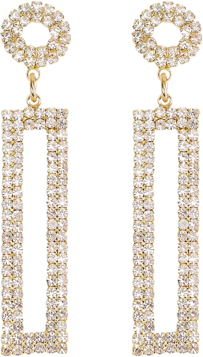 Rhinestone Long Drop Earrings Statement Rectangle Dangle with Circle Studs Fashion Jewelry