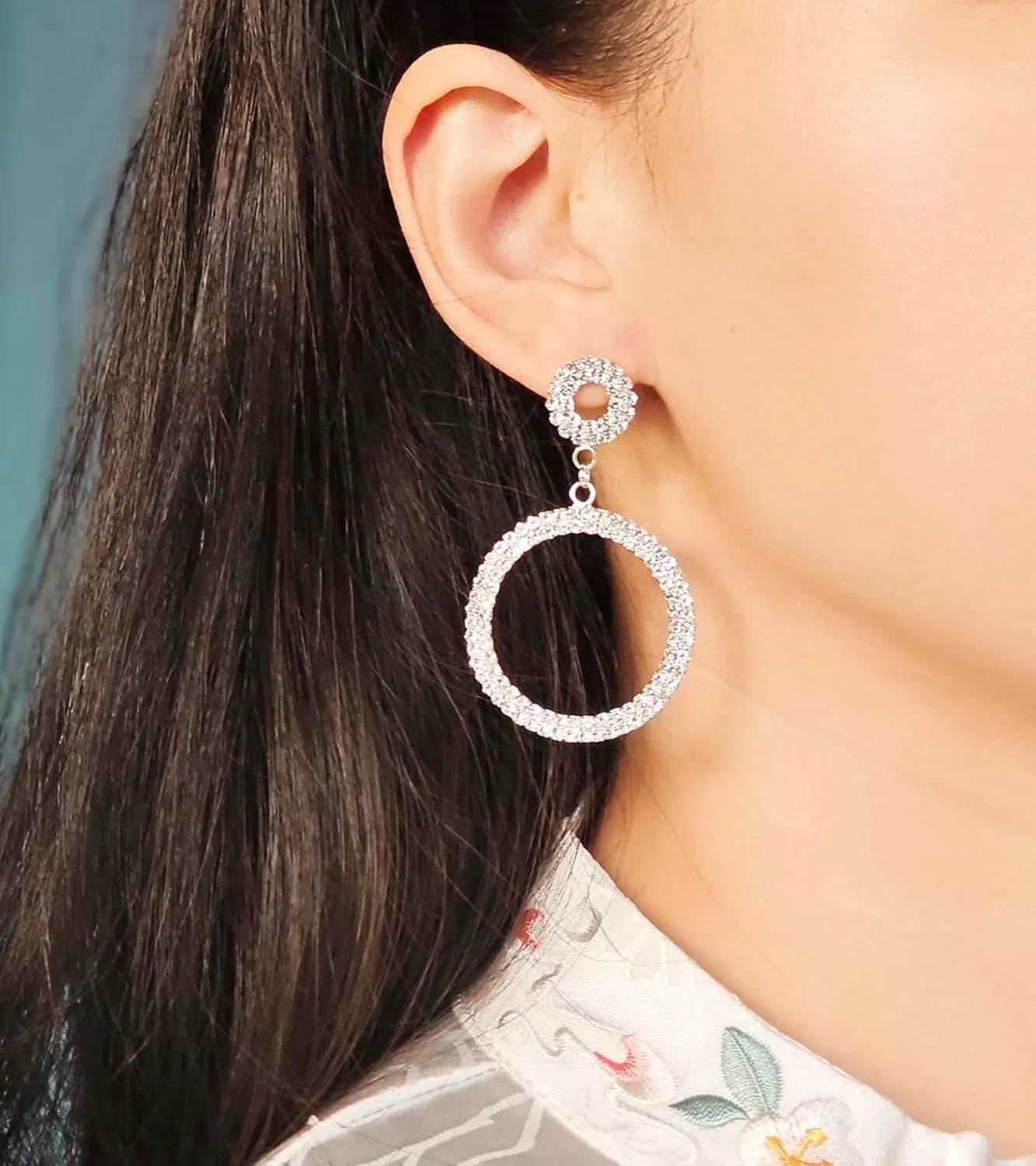 Rhinestone Round Circle Dangle Earrings Sparkly Wedding Jewelry