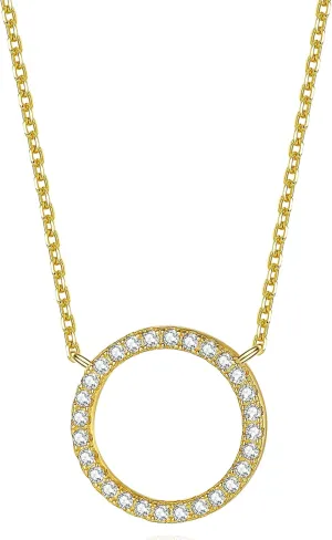 Rhodium Plated Paved Circle Pendant Sterling Silver Necklace for Women