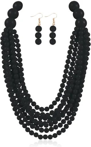 RIAH FASHION Multi Beaded Bubble Statement Necklace - Round Ball Chunky Drape Bib Collar Marbled, 7 Layer Long