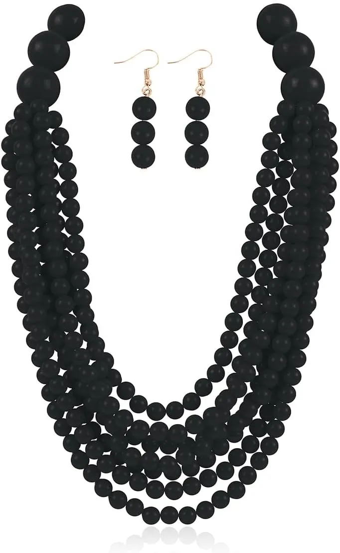 RIAH FASHION Multi Beaded Bubble Statement Necklace - Round Ball Chunky Drape Bib Collar Marbled, 7 Layer Long