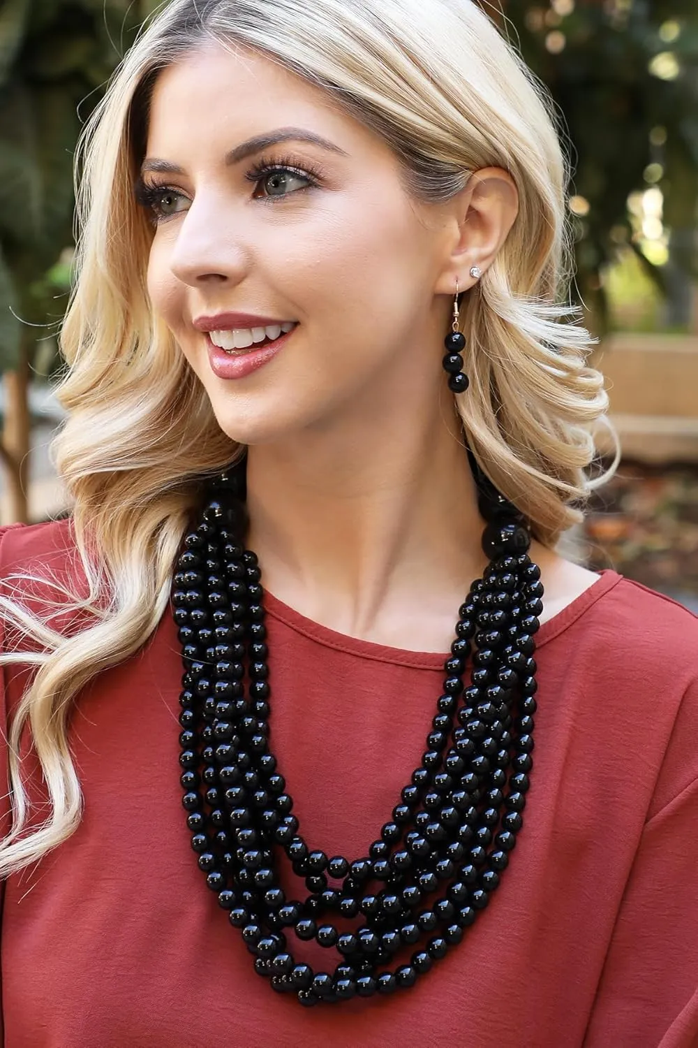 RIAH FASHION Multi Beaded Bubble Statement Necklace - Round Ball Chunky Drape Bib Collar Marbled, 7 Layer Long