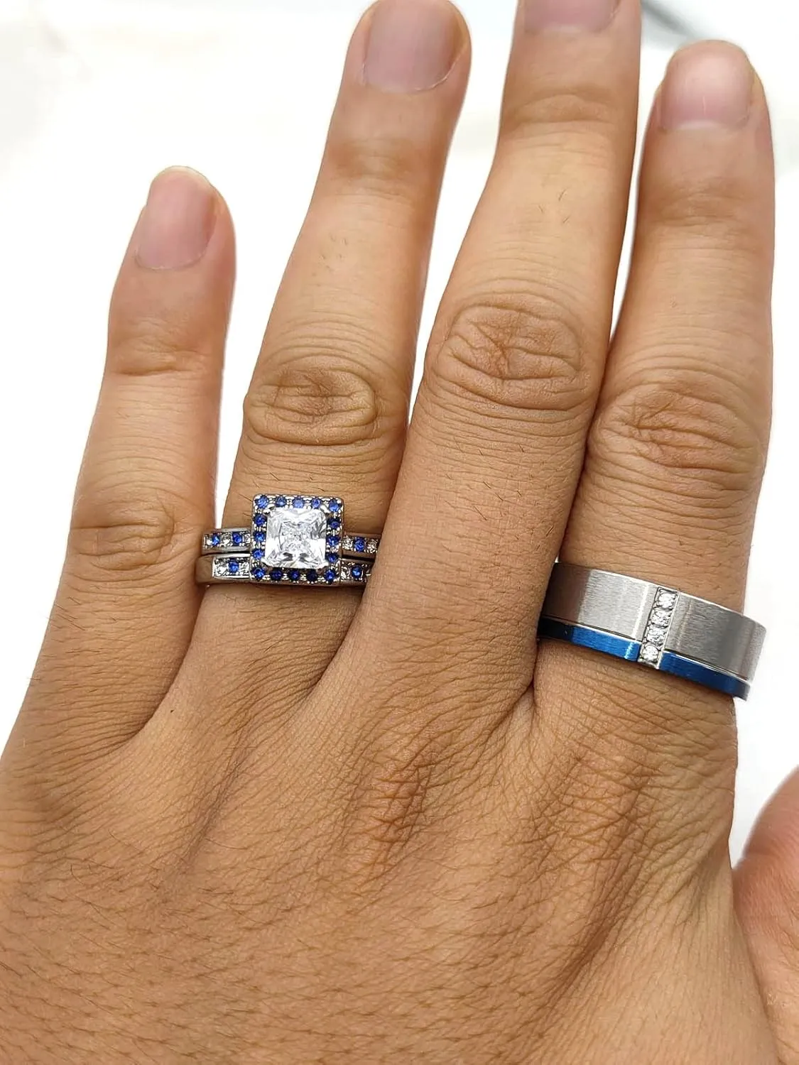 ringheart His and Hers Ring Couple Rings White and Blue Matching Ring 1.5ct AAA Cz Womens Wedding Ring Sets Wedding Bands
