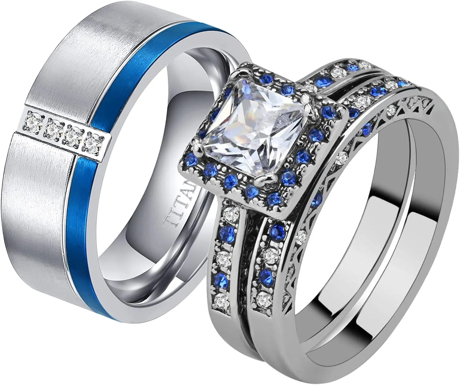 ringheart His and Hers Ring Couple Rings White and Blue Matching Ring 1.5ct AAA Cz Womens Wedding Ring Sets Wedding Bands