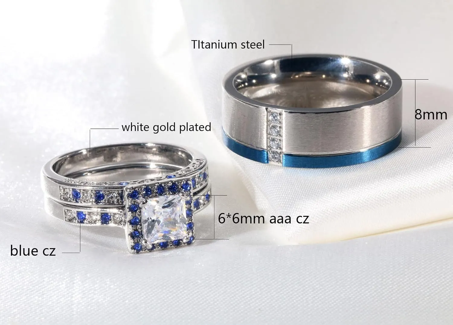 ringheart His and Hers Ring Couple Rings White and Blue Matching Ring 1.5ct AAA Cz Womens Wedding Ring Sets Wedding Bands